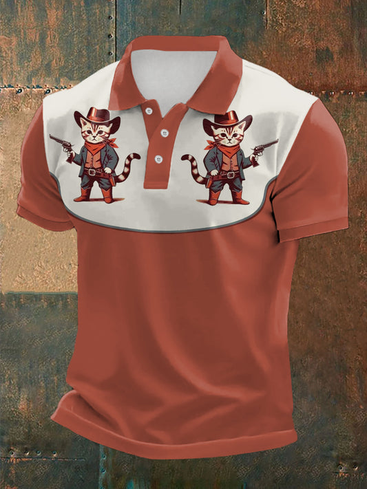 Men's Retro Western Cowcat Print Casual Top