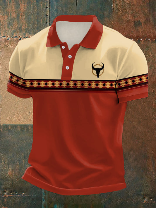 Men's Retro Western Bull Skull Aztec Print Casual Top