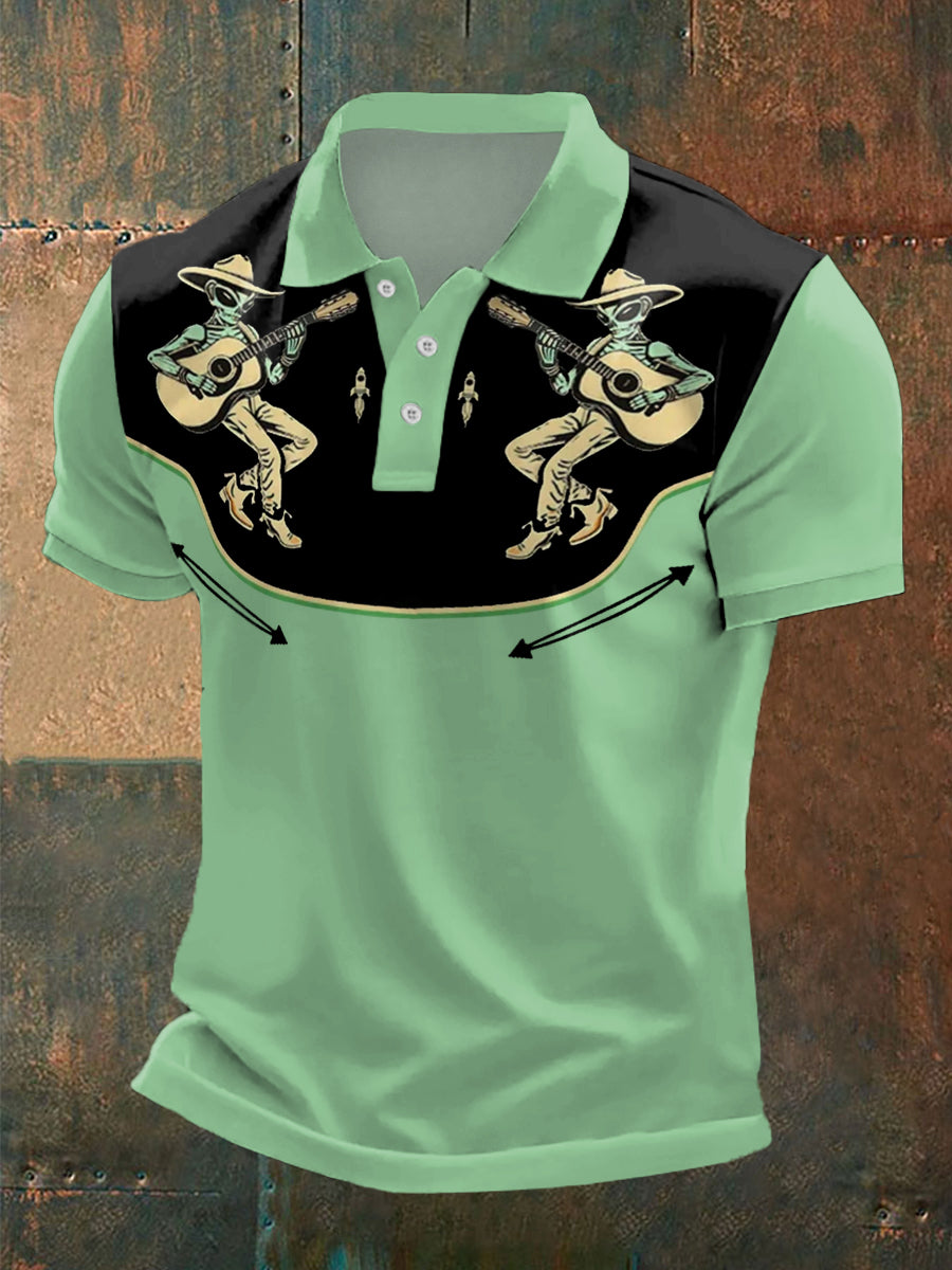 Men's Retro Western Alien Cowboy Play Guitar Print Casual Top
