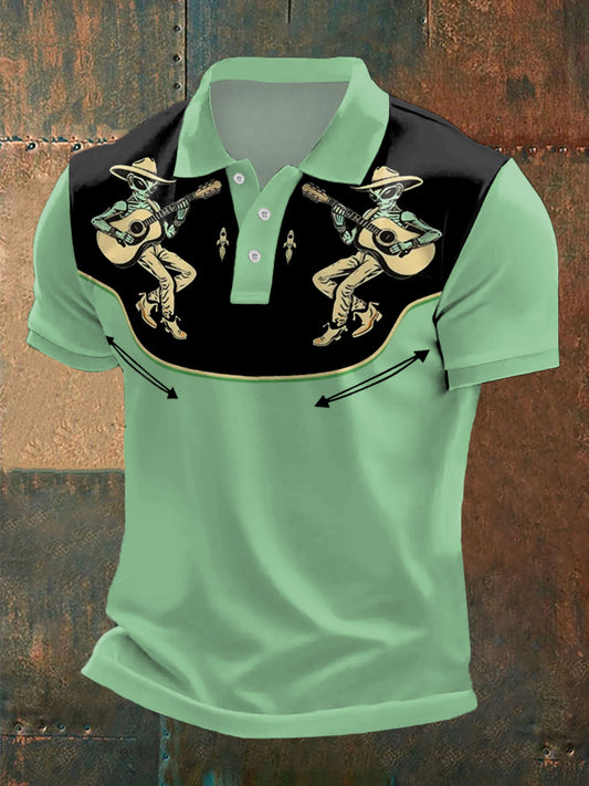 Men's Retro Western Alien Cowboy Play Guitar Print Casual Top
