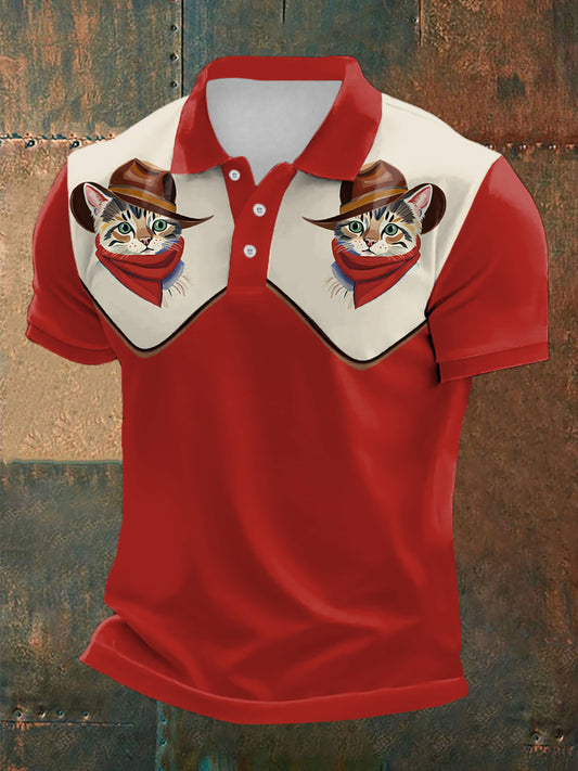 Men's Retro Western Cowcat Print Casual Top