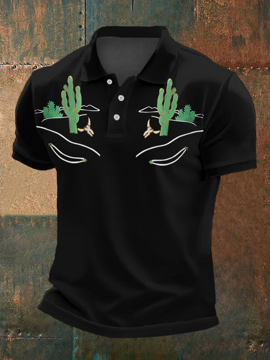 Men's Retro Western Bull Skull Desert Cactus Print Casual Top