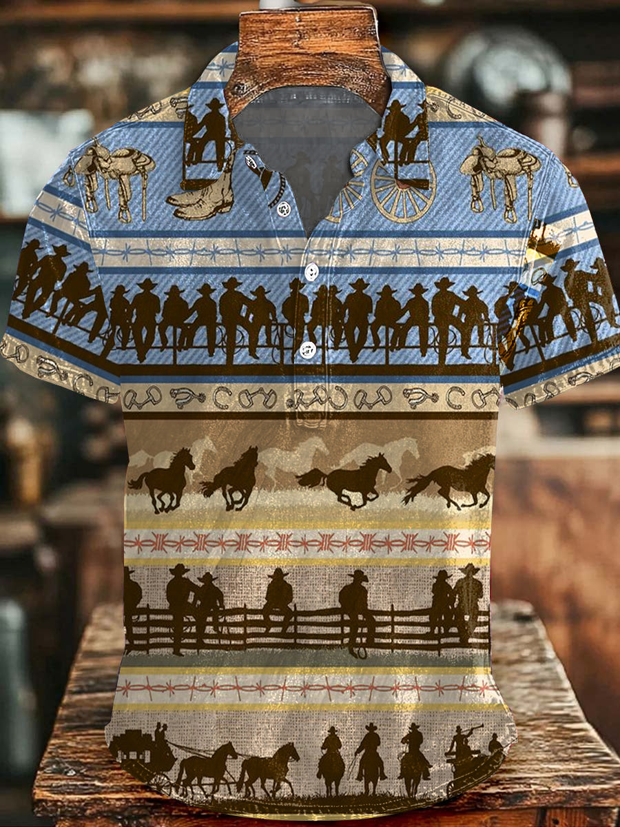 Men's Vintage Western Cowboys And Horses Print Casual Buttons Top
