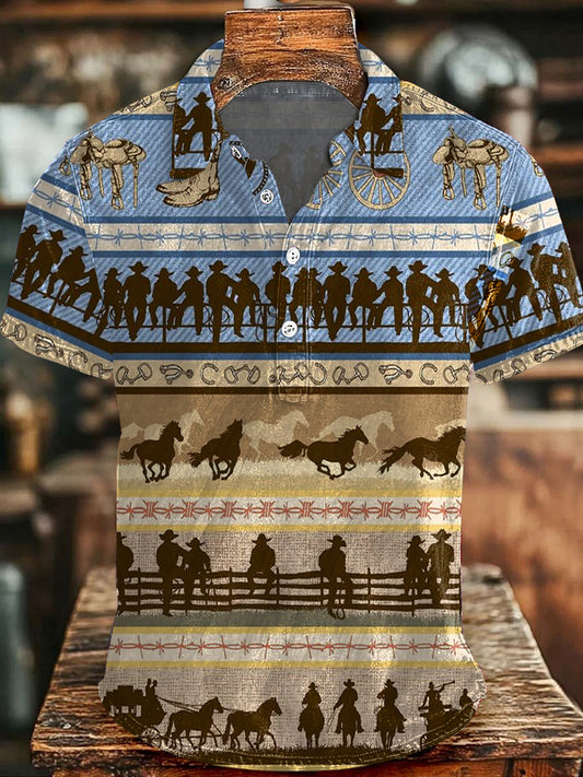 Men's Vintage Western Cowboys And Horses Print Casual Buttons Top