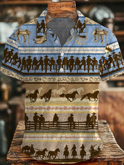 Men's Vintage Western Cowboys And Horses Print Casual Buttons Top