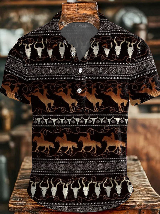 Men's Vintage Western Cowboys And Horses Print Casual Buttons Top