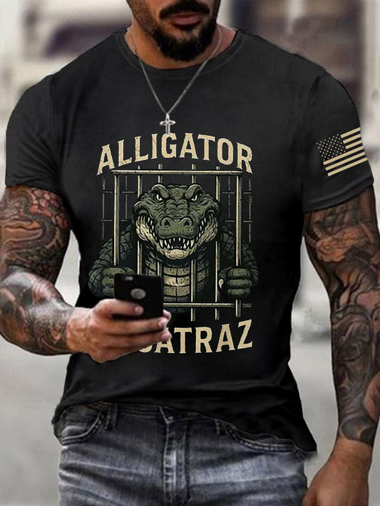 Men's Retro Alligator Alcatraz Funny Florida Everglades Dark Humor Short Sleeve Tee