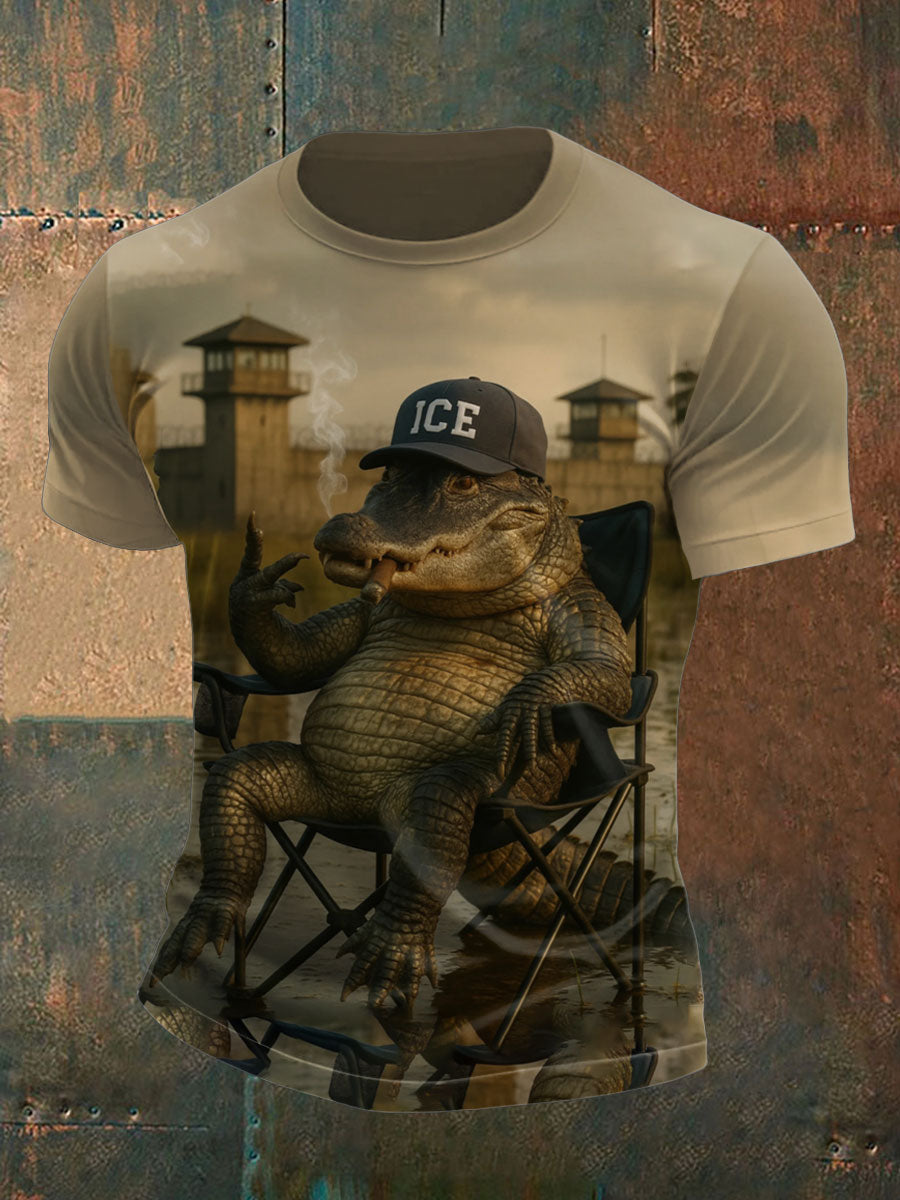 Men's Retro Alligator Alcatraz Funny Florida Everglades Dark Humor Printed T-shirt