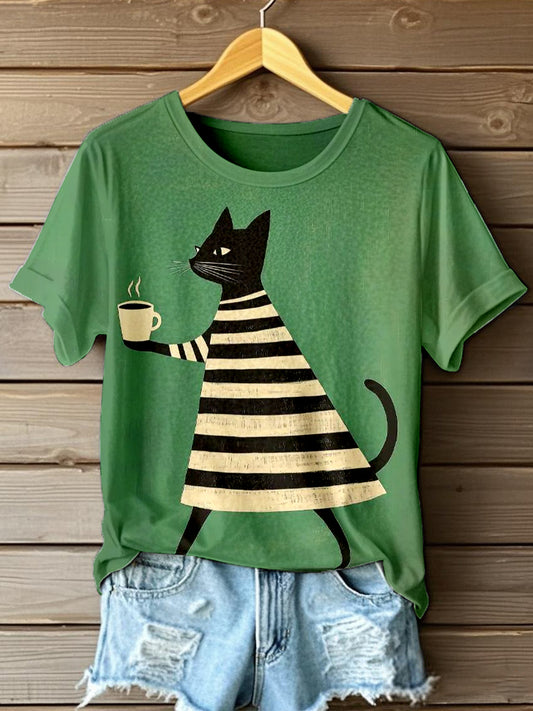 Women's Funny Cat Art Print T-Shirt