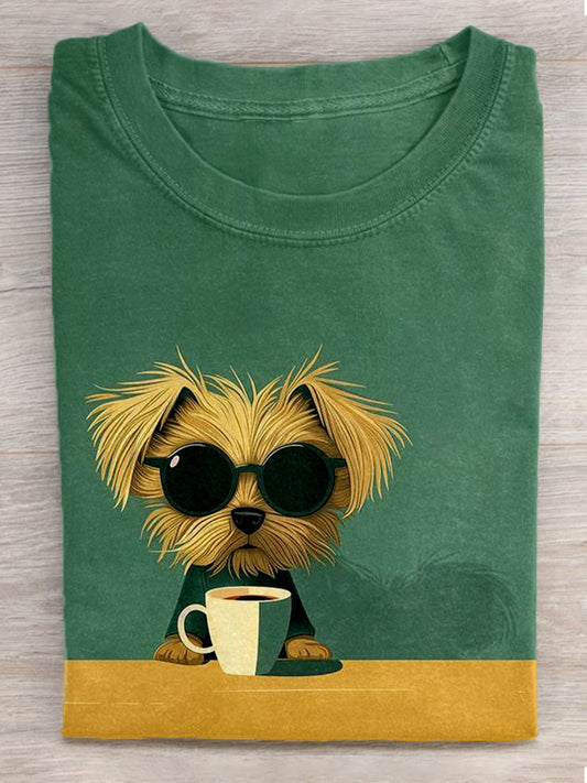 Women's Funny Dog Art Print Washed T-Shirt