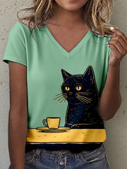 Women's Vintage Cat Art Print V-Neck T-Shirt