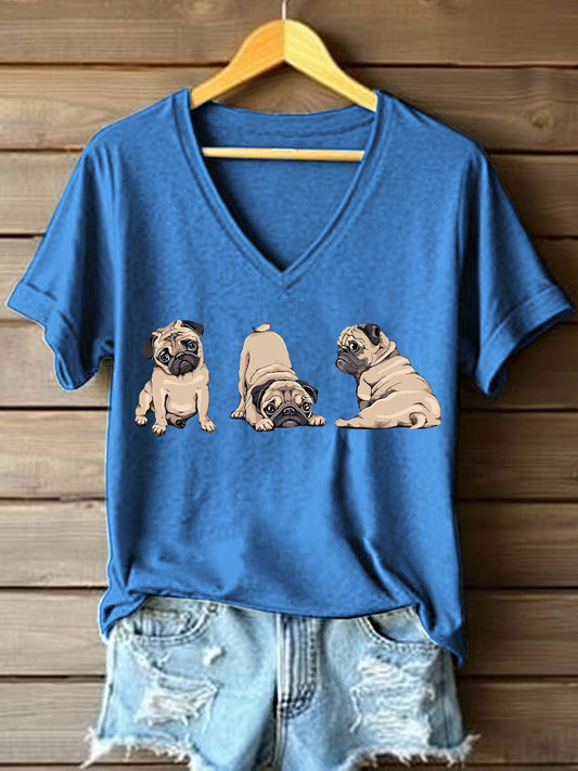 Women's Funny Pug Print V-Neck T-Shirt