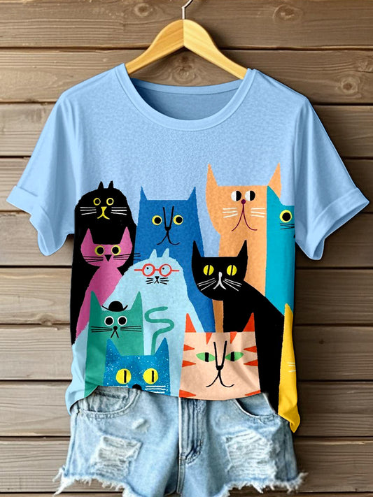 Women's Cute Cat Art Print T-Shirt