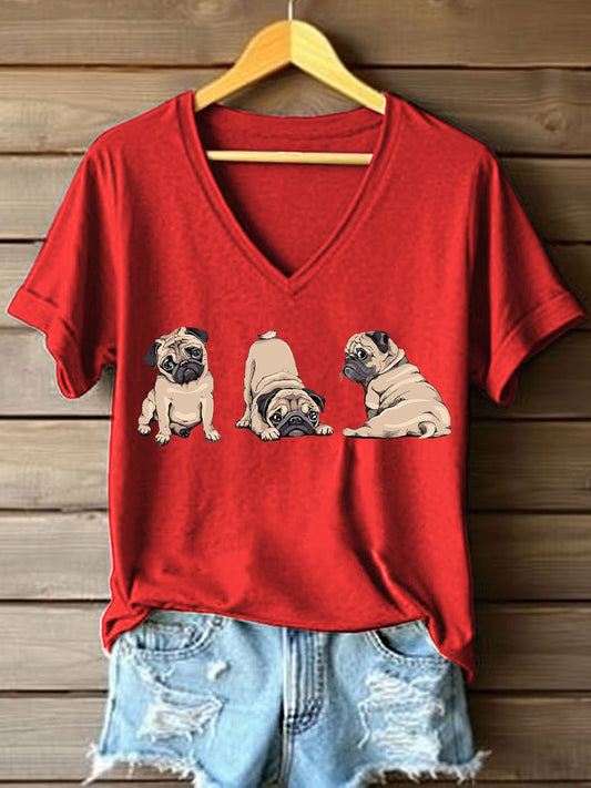 Women's Funny Pug Print V-Neck T-Shirt