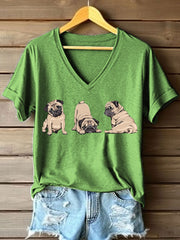 Women's Funny Pug Print V-Neck T-Shirt