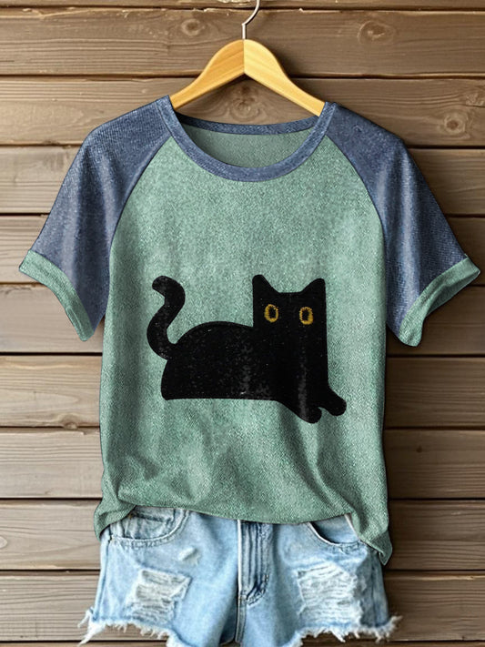 Women's black cat color-blocked T-shirts