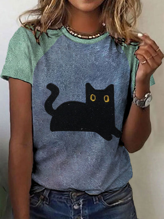 Women's black cat color-blocked casual T-shirts