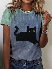 Women's black cat color-blocked casual T-shirts