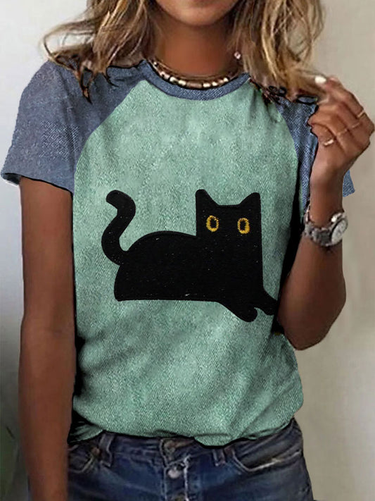 Women's black cat color-blocked casual T-shirts