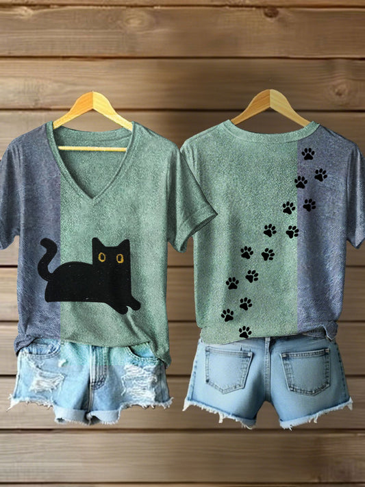 Women's black cat print V-neck T-shirts