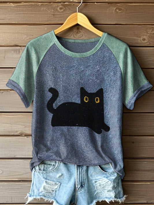 Women's black cat color-blocked T-shirts
