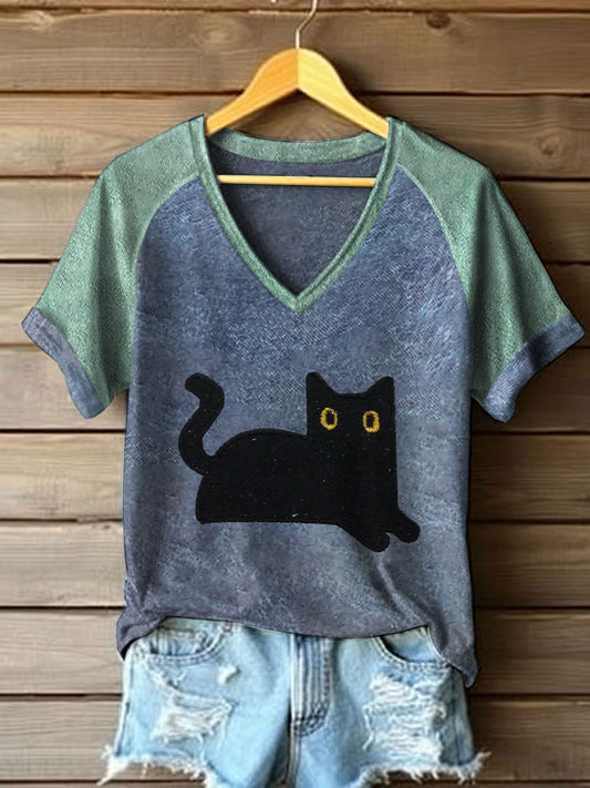Women's black cat color-block V-neck T-shirts