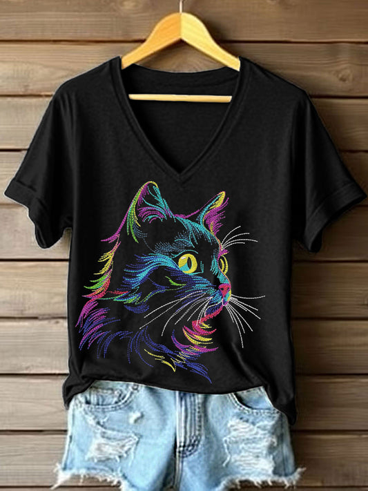 Women's Colorful Cat Embroidered V-neck T-shirt