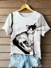 Women's Funny Watercolor Napping Cat Art  Printed V-neck Short Sleeve T-shirt