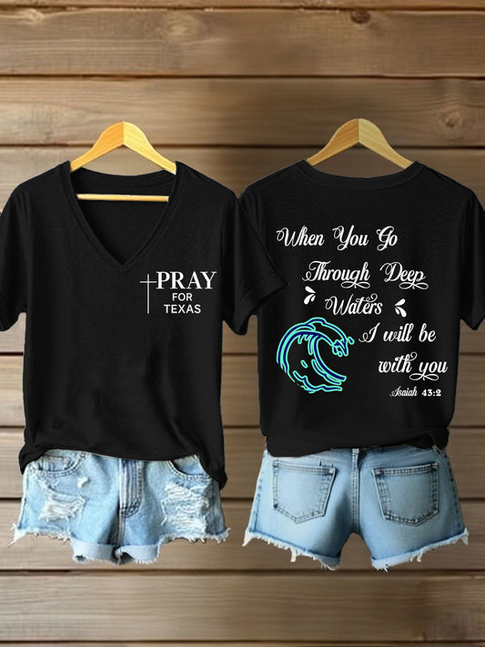 Women's Pray For Texas, When You Go Through Deep Waters I Will Be With You Isaiah 43: 2 V-Neck T-Shirts