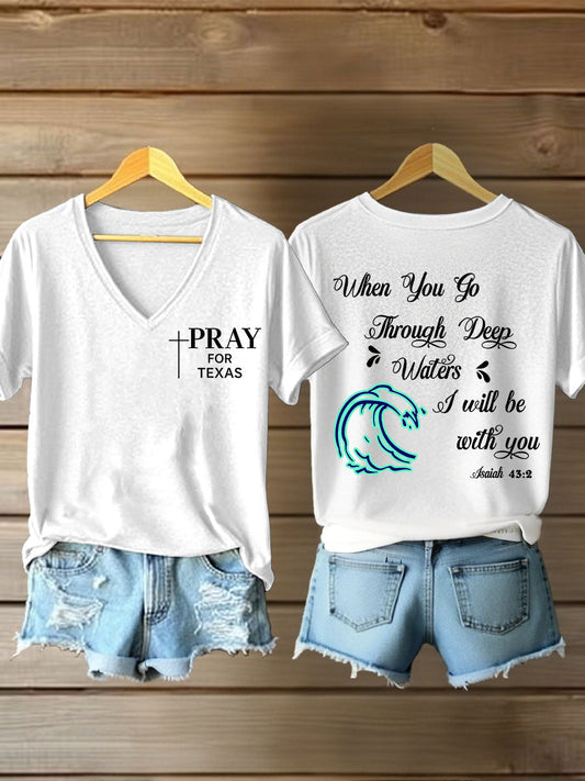 Women's Pray For Texas, When You Go Through Deep Waters I Will Be With You Isaiah 43: 2 V-Neck T-Shirts