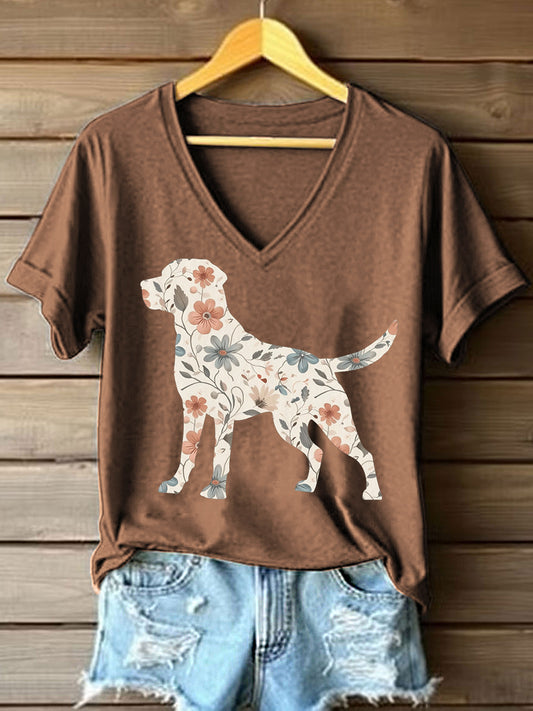 Women's Floral Labrador Retriever Print V-Neck T-Shirt