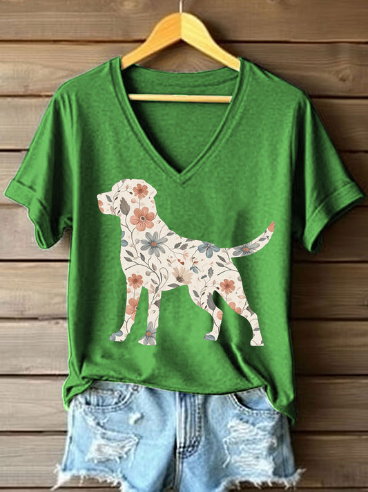 Women's Floral Labrador Retriever Print V-Neck T-Shirt