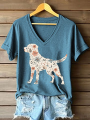 Women's Floral Labrador Retriever Print V-Neck T-Shirt