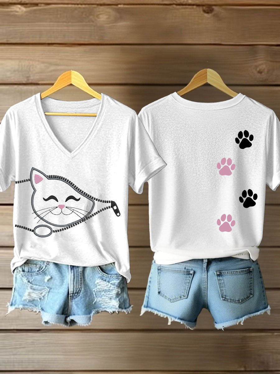 Women's zippered cat print V-neck T-shirts