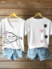 Women's zippered cat print V-neck T-shirts