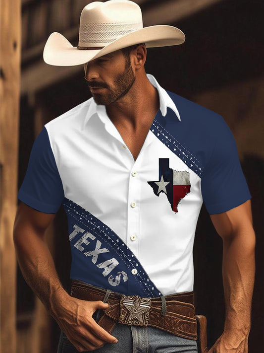 Men's Retro Western Texas Cowboy Print Casual Short-Sleeve Shirt