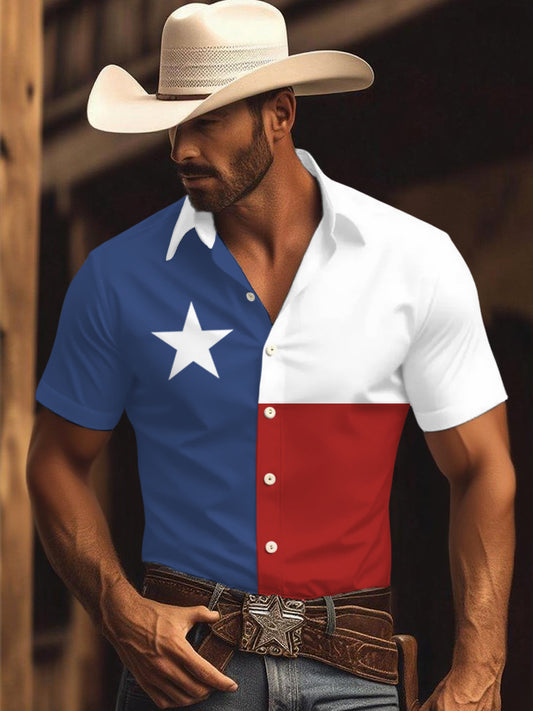 Men's Retro Western Texas Cowboy Print Casual Short-Sleeve Shirt