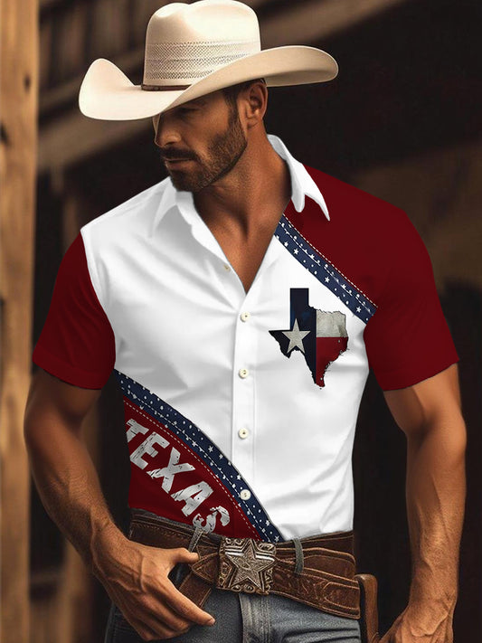 Men's Retro Western Texas Cowboy Print Casual Short-Sleeve Shirt