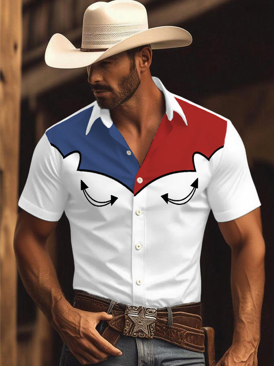 Men's Retro Western Texas Cowboy Print Casual Short-Sleeve Shirt