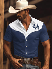 Men's Retro Western Texas Cowboy Print Casual Short-Sleeve Shirt