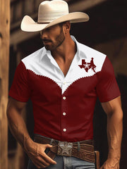 Men's Retro Western Texas Cowboy Print Casual Short-Sleeve Shirt