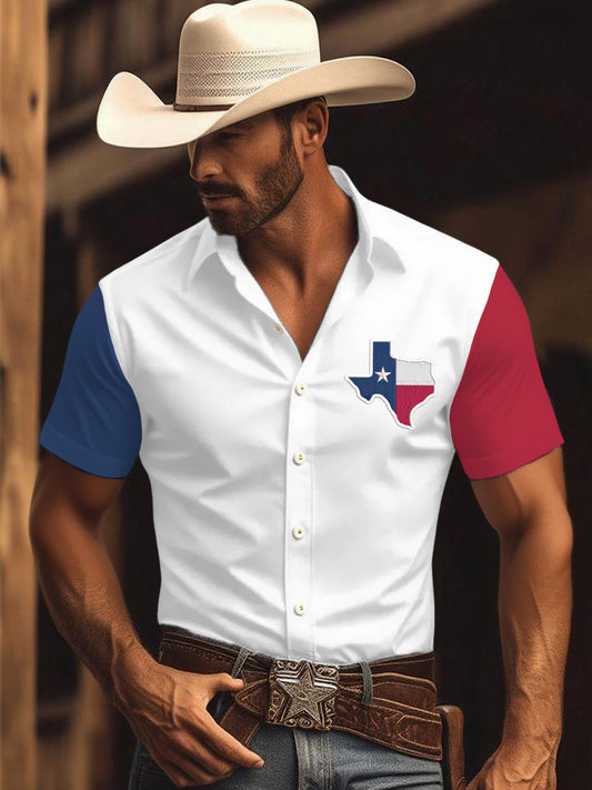 Men's Retro Western Texas Cowboy Print Casual Short-Sleeve Shirt