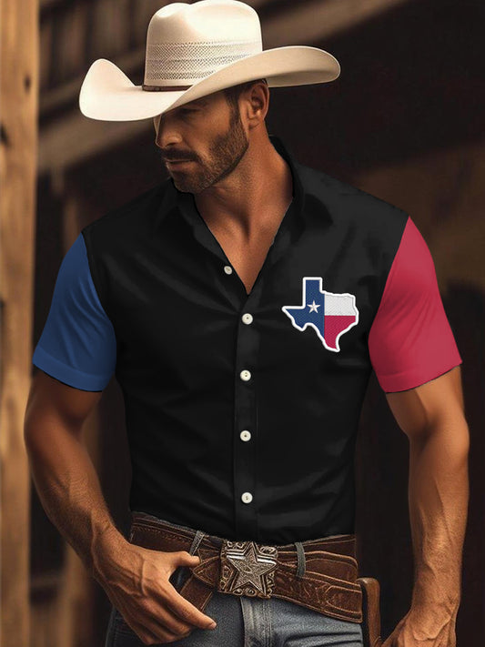 Men's Retro Western Texas Cowboy Print Casual Short-Sleeve Shirt