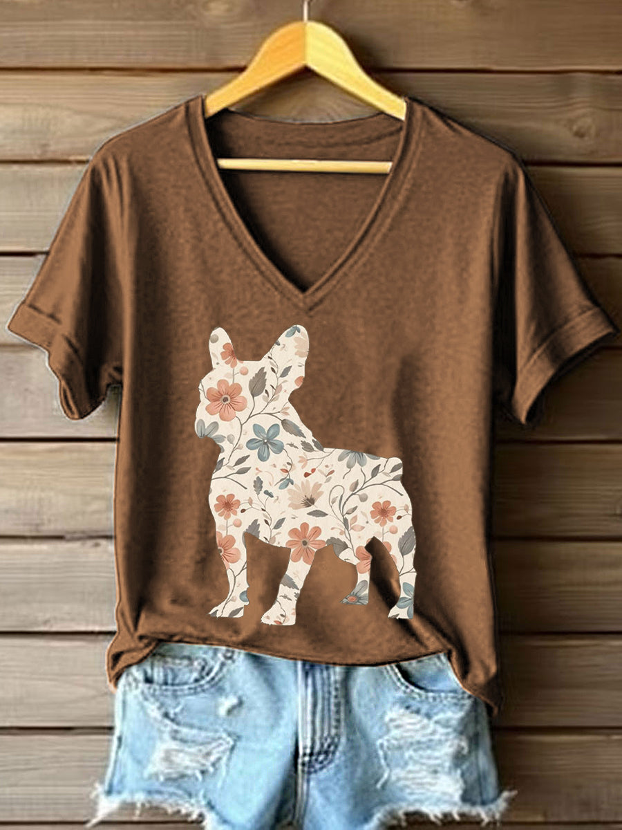 Women's Floral French Bulldog Print V-Neck T-Shirt