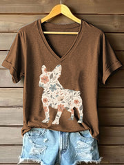 Women's Floral French Bulldog Print V-Neck T-Shirt