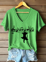Women's Music Notes and Cat Print V-Neck T-Shirt