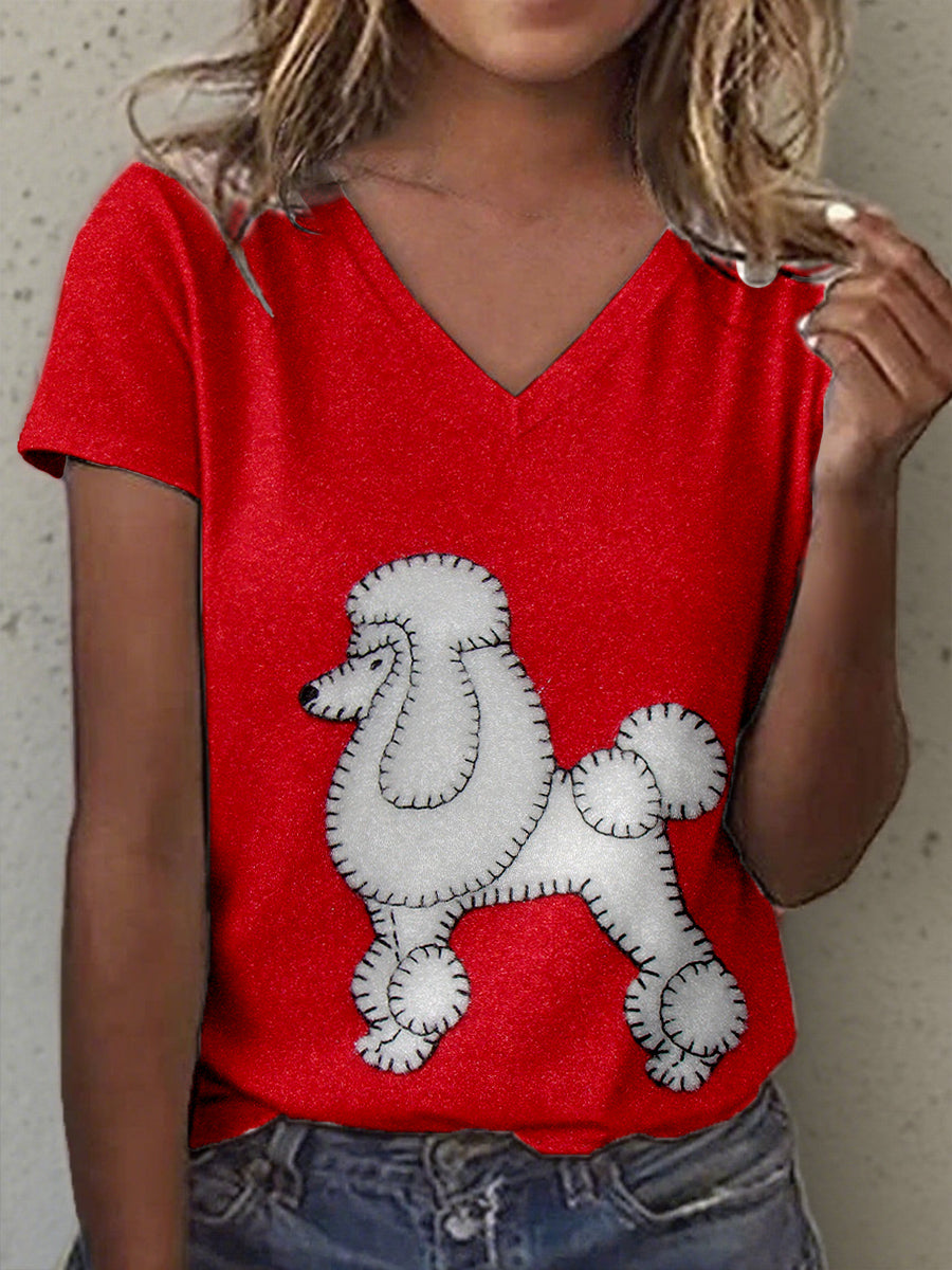 Women's Poodle Felt Art V-Neck T-Shirt