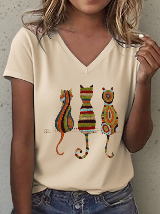 Women's Cat Embroidered V-Neck T-Shirt