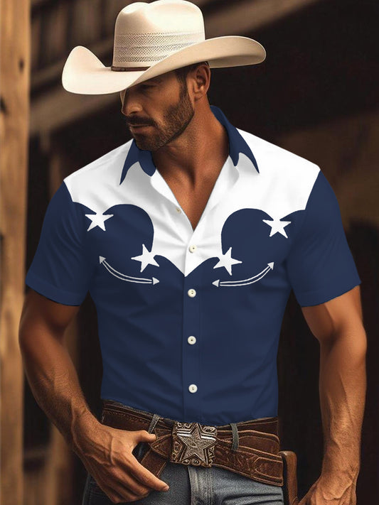 Men's Retro Western Cowboy Print Casual Short-Sleeve Shirt