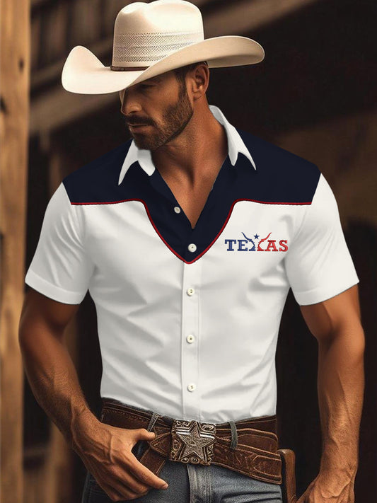 Men's Retro Western Texas Cowboy Print Casual Short-Sleeve Shirt